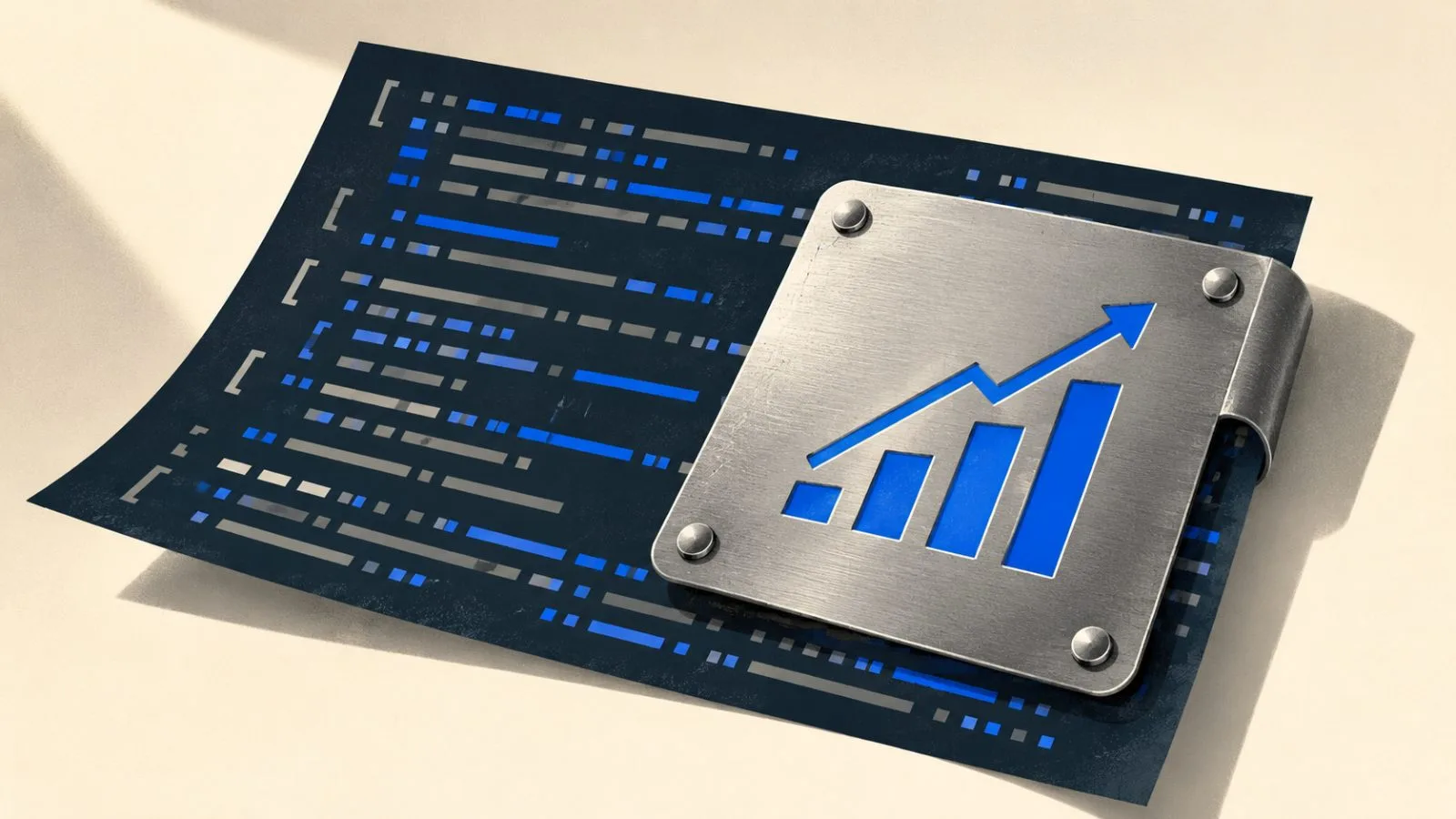 A metal patch plate covers a page of blurred code beside rising bars / TokenPost.ai