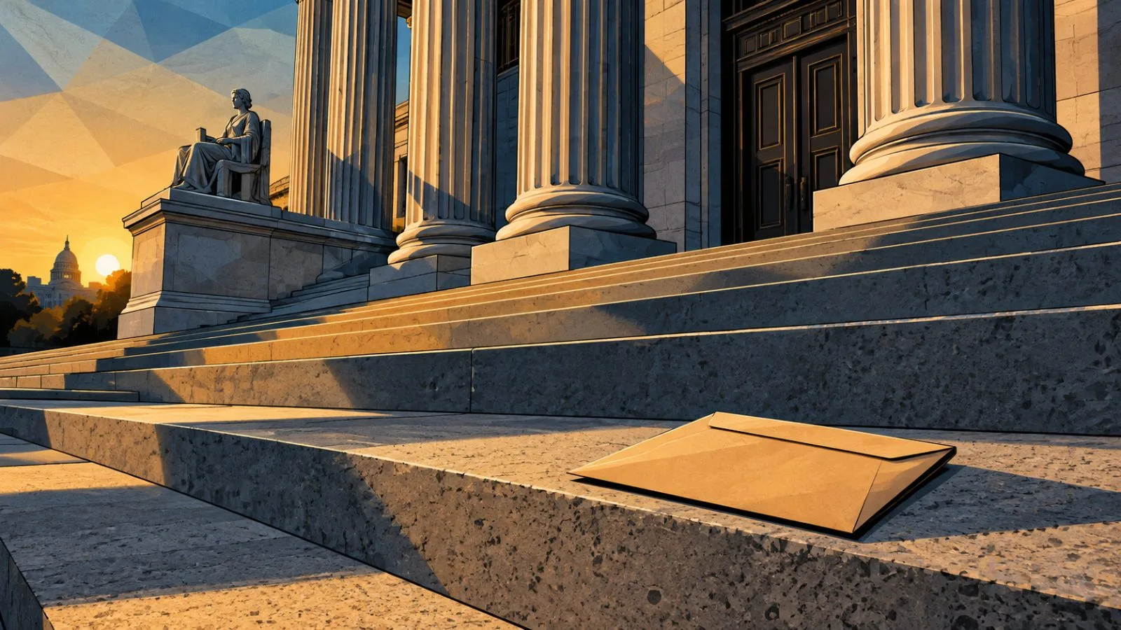 Unmarked legal envelope resting on courthouse steps in afternoon sunlight / TokenPost.ai