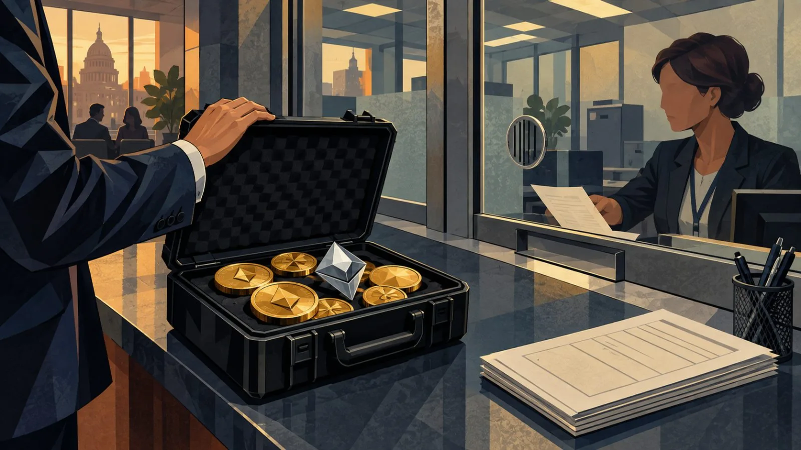 Unmarked asset cases beside a government office window / TokenPost.ai