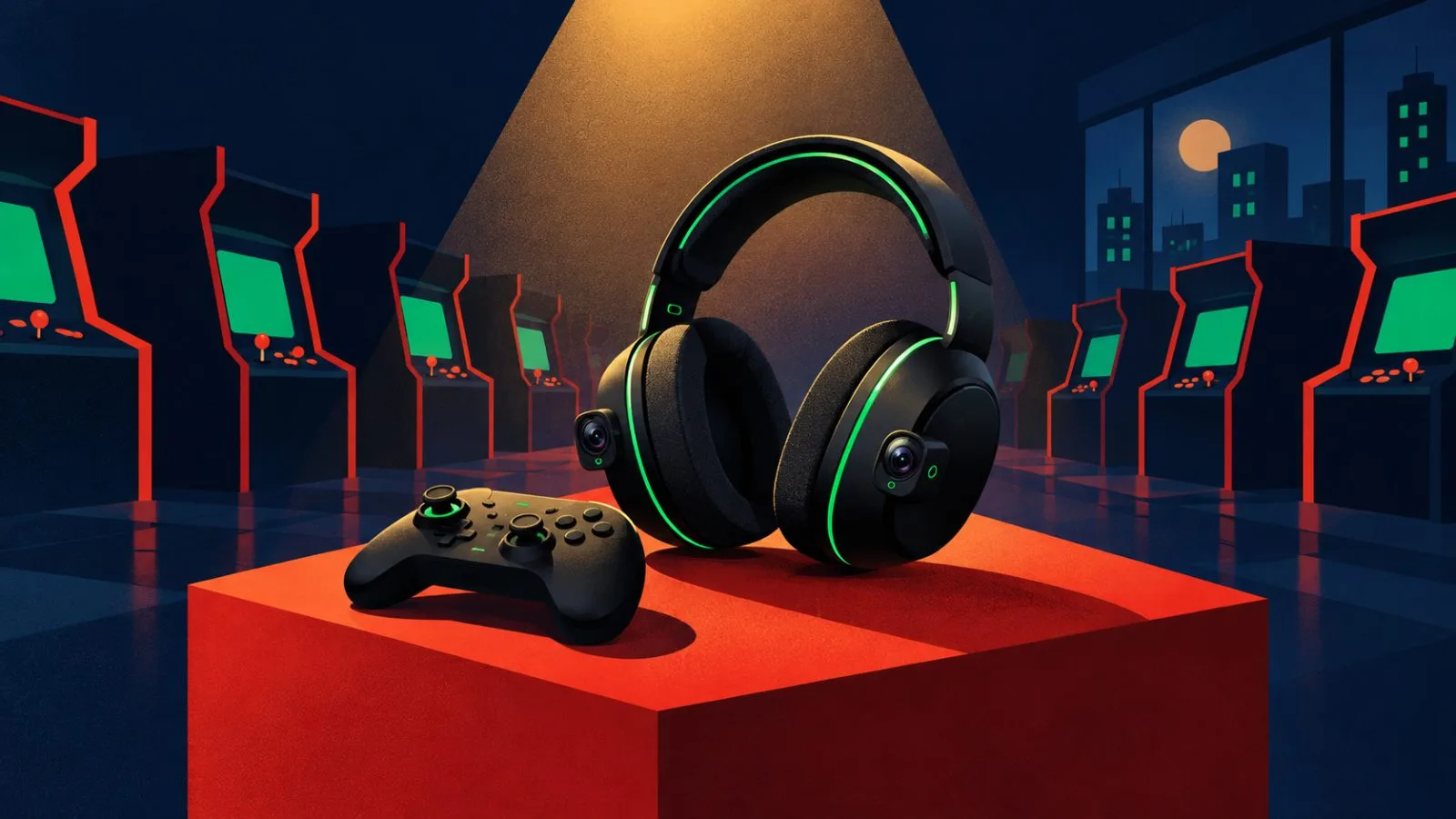 A dual-camera gaming headset rests beside a compact controller / TokenPost.ai