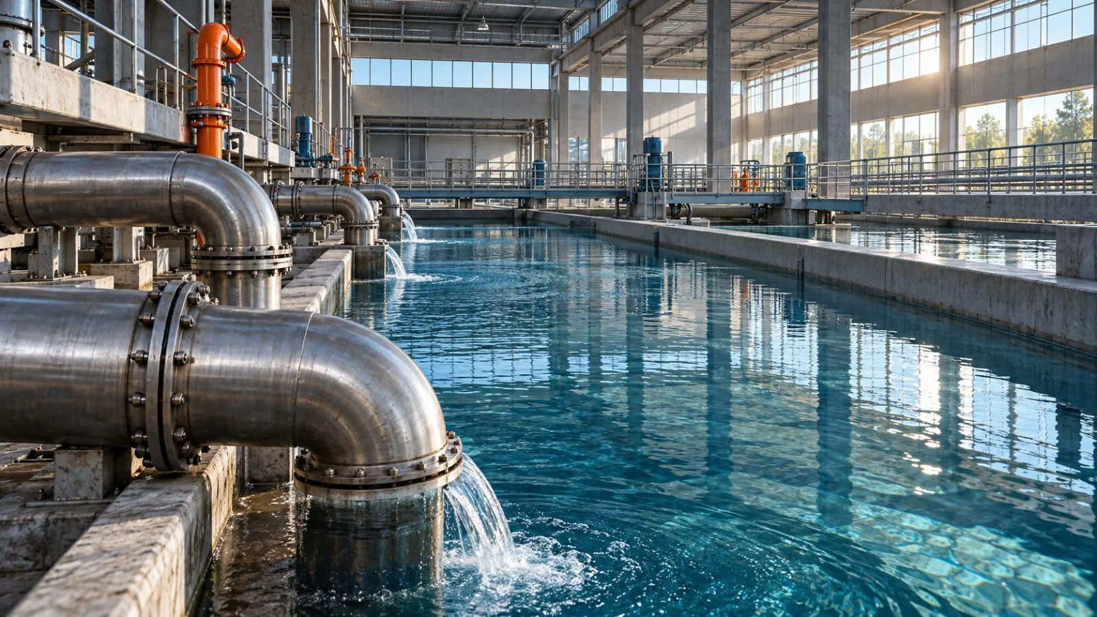 Steel pipes feed a clear-water basin inside an industrial plant / TokenPost.ai