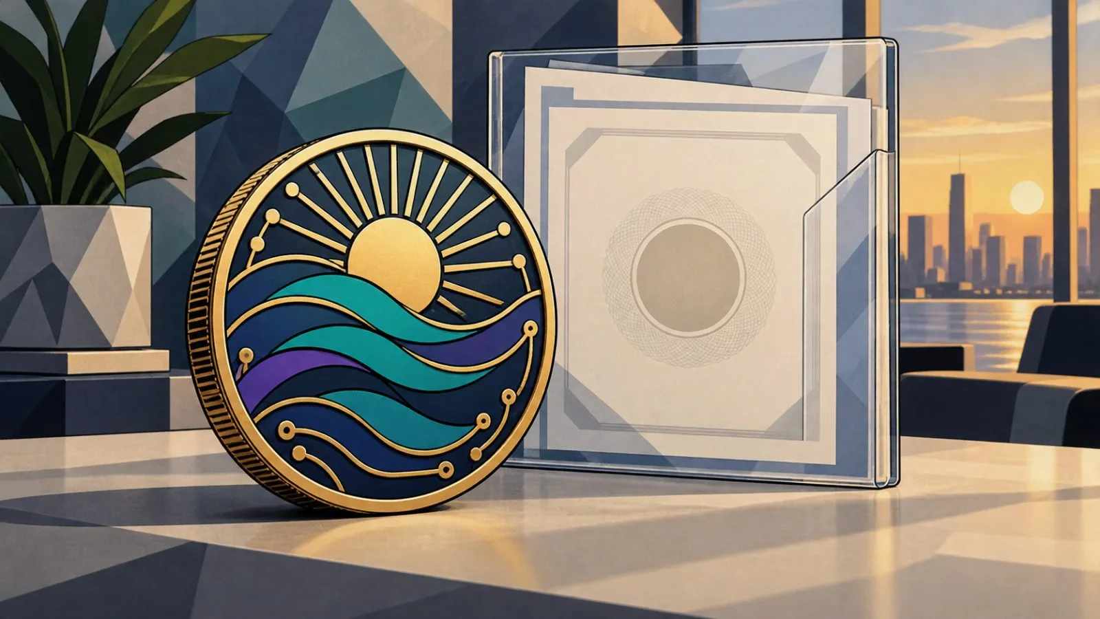 A metallic fund token rests inside a secure glass display case / TokenPost.ai
