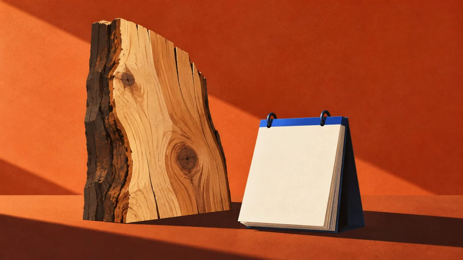 A rough-cut timber board beside a blank calendar block / TokenPost.ai