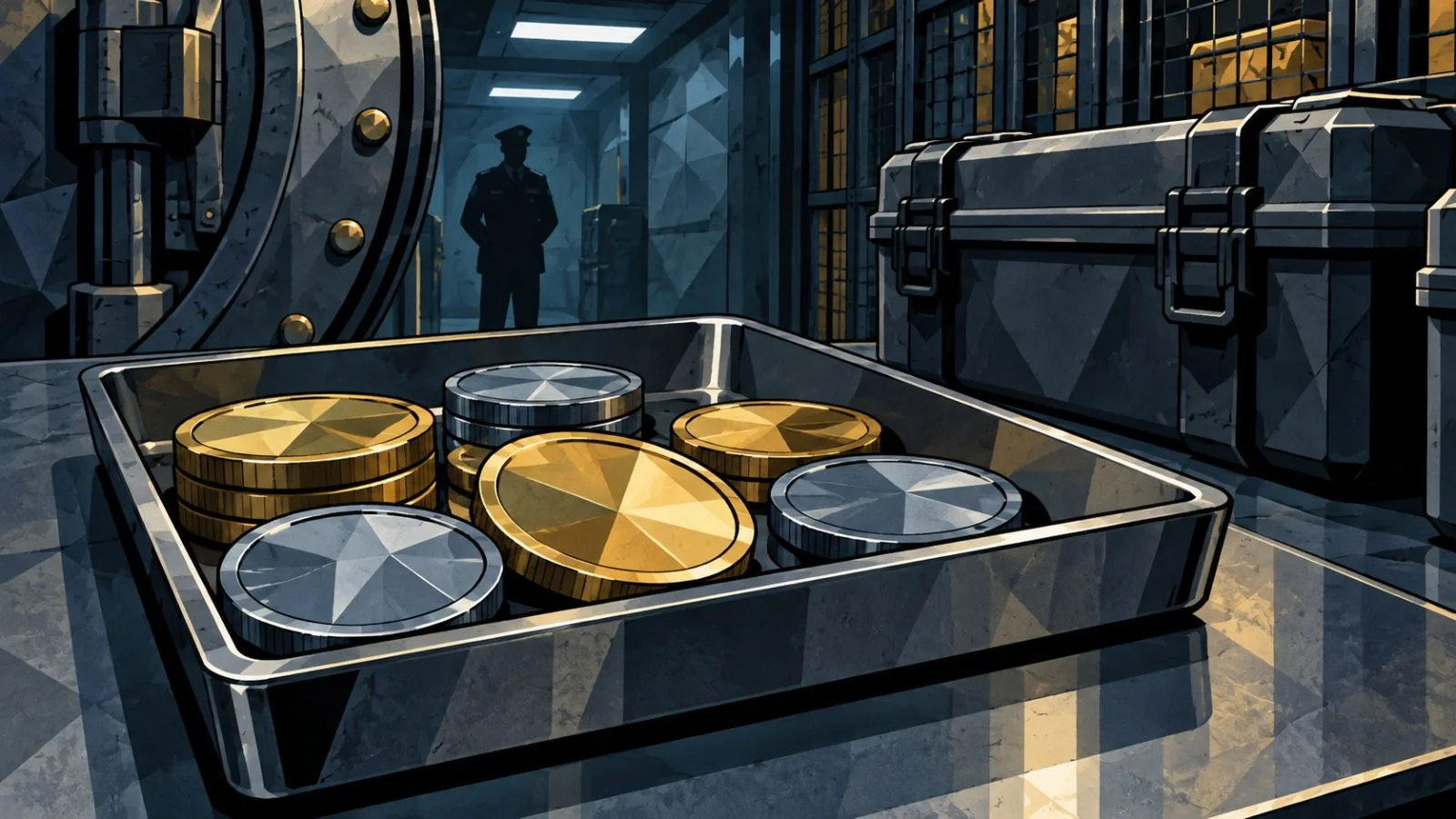 Unlabeled tokens arranged inside a secure institutional custody vault / TokenPost.ai