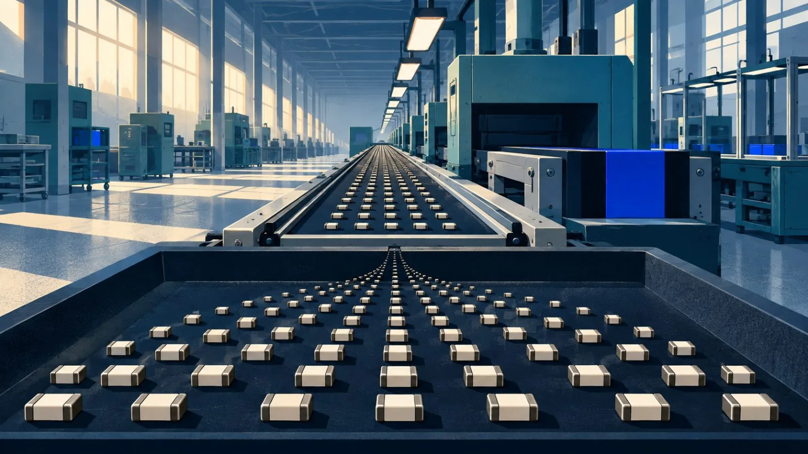 Ceramic capacitors travel along a precision factory conveyor / TokenPost.ai