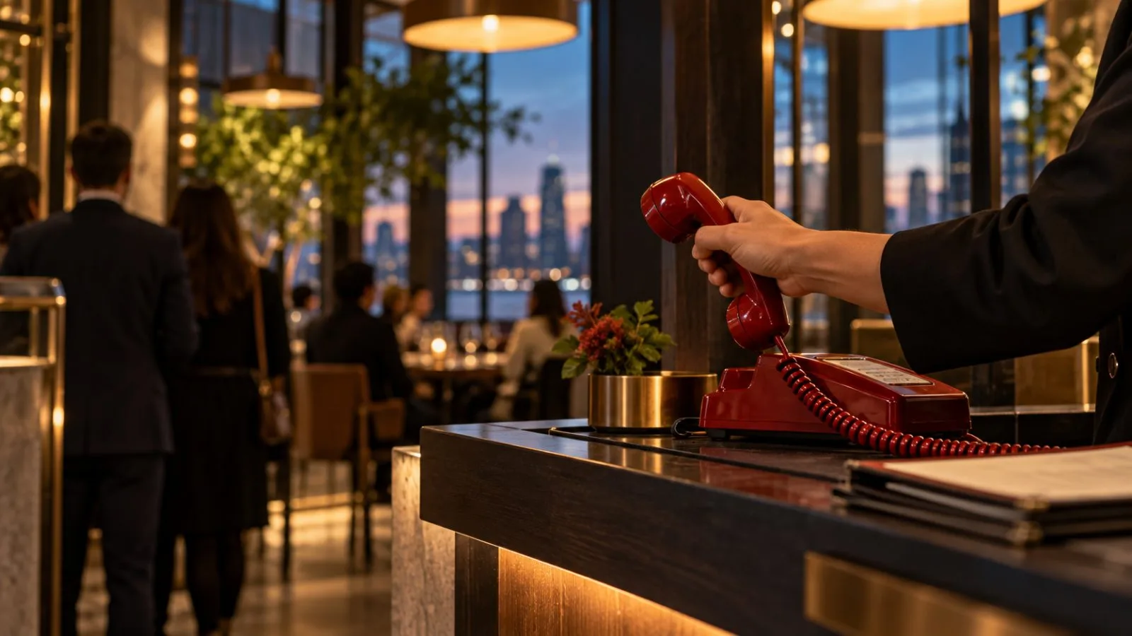 A restaurant host lifts a phone as diners wait nearby. / TokenPost.ai