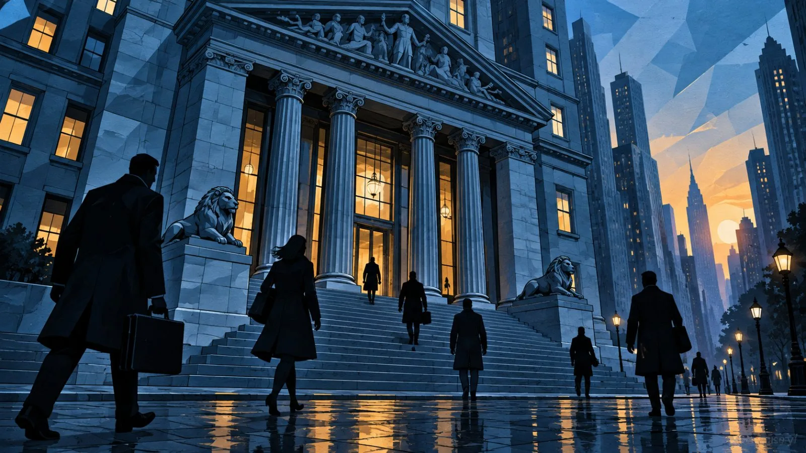 Stock exchange entrance glowing before dawn as commuters pass / TokenPost.ai
