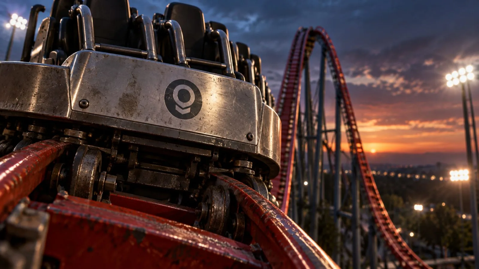 An empty coaster car pauses above a steep red track / TokenPost.ai