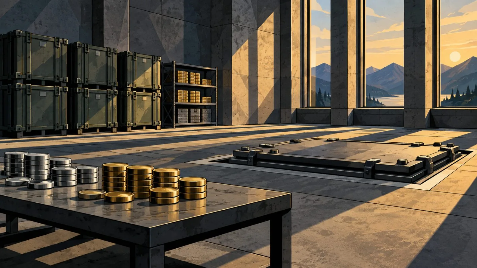 Blank metal tokens beside sealed reserve containers in a treasury room / TokenPost.ai