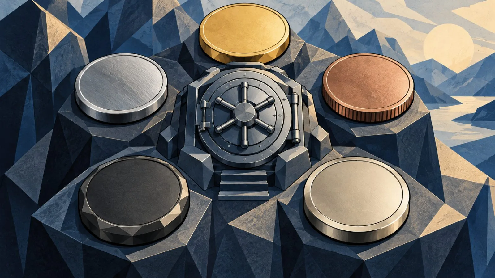 Five polished metal tokens arranged around a central staking vault / TokenPost.ai