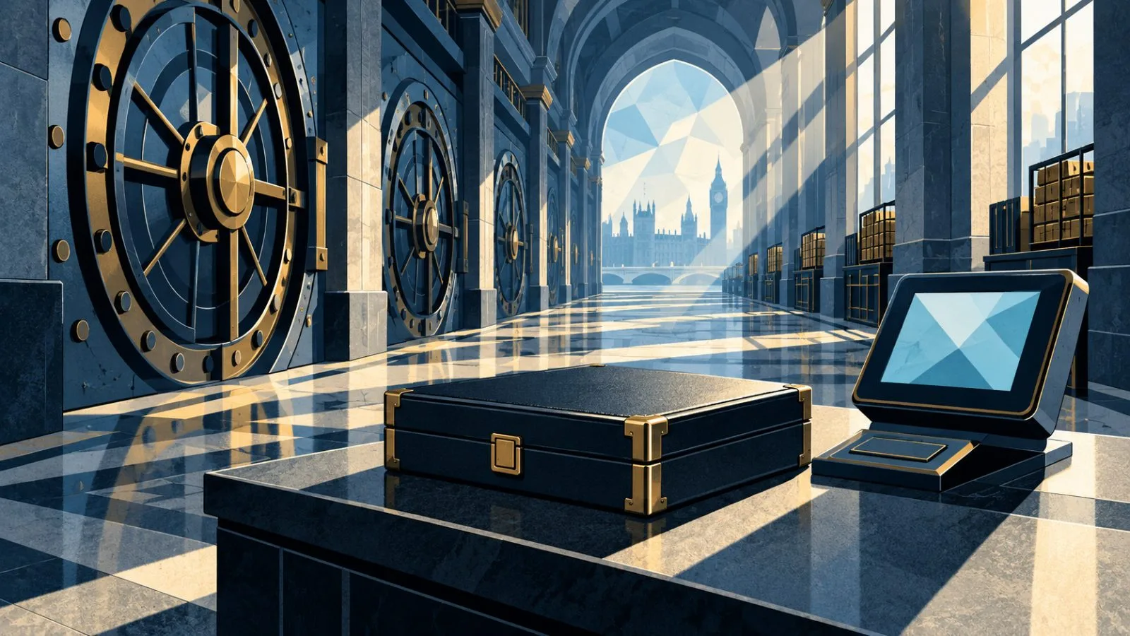 A sealed bond case sits beside a settlement terminal in a quiet vault corridor / TokenPost.ai