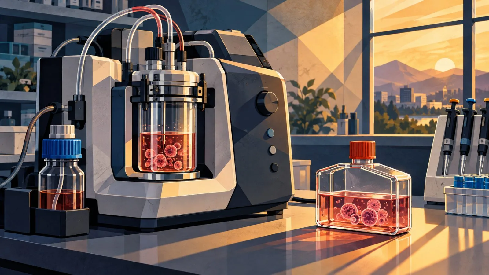 A laboratory vessel beside a compact cell-engineering instrument / TokenPost.ai
