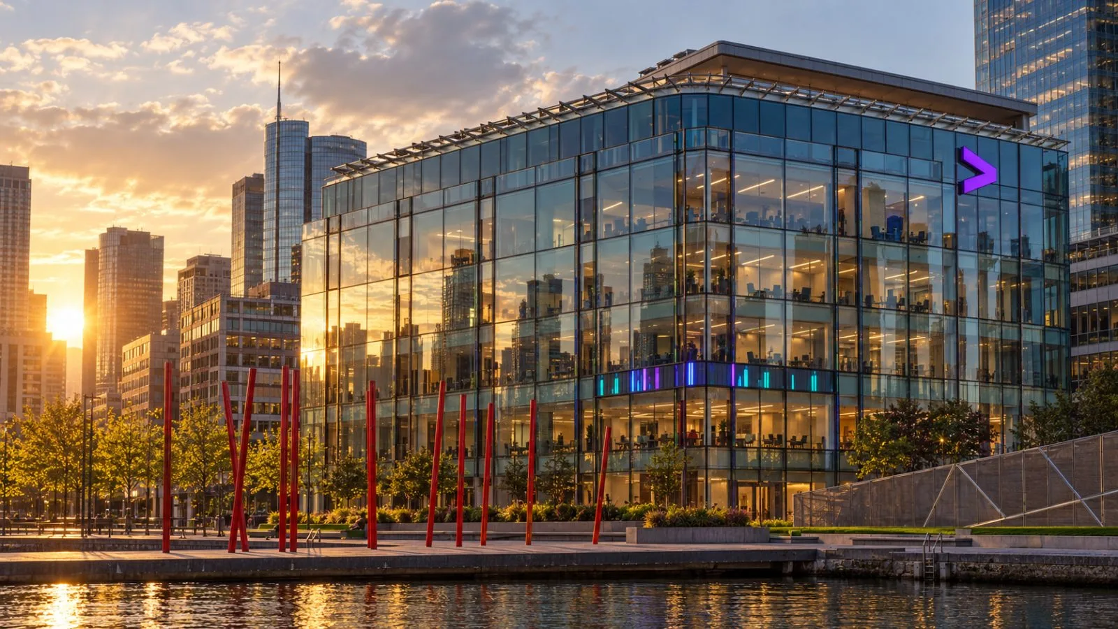Modern corporate campuses connected by a glass pedestrian bridge / TokenPost.ai