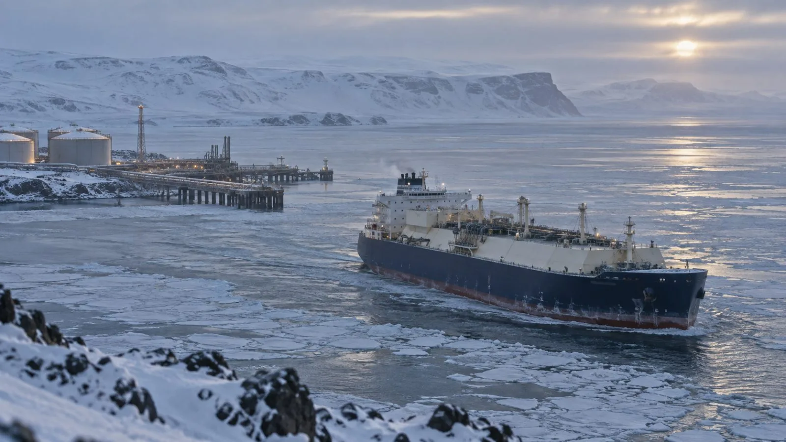 Ice-class tanker departing an Arctic oil terminal at dawn / TokenPost.ai