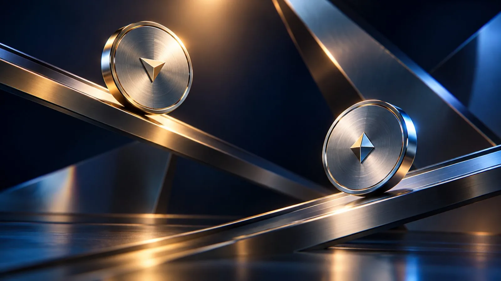 Two unmarked metal tokens sit on opposing steel slopes. / TokenPost.ai