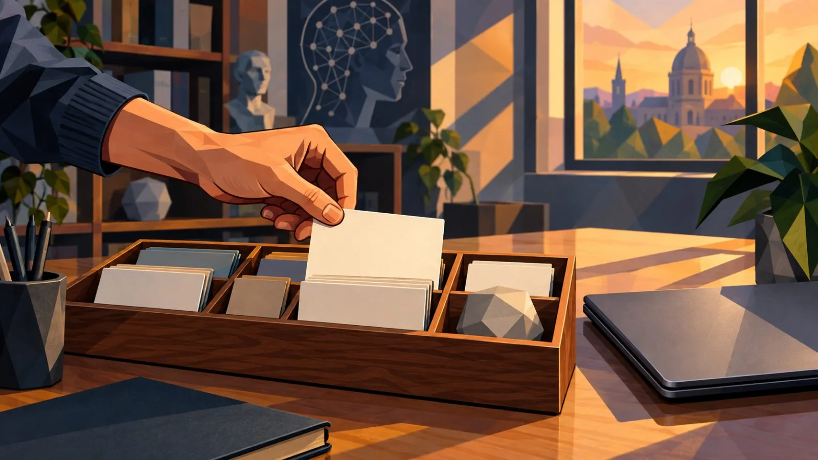 Hand placing blank cards into an organized memory tray / TokenPost.ai