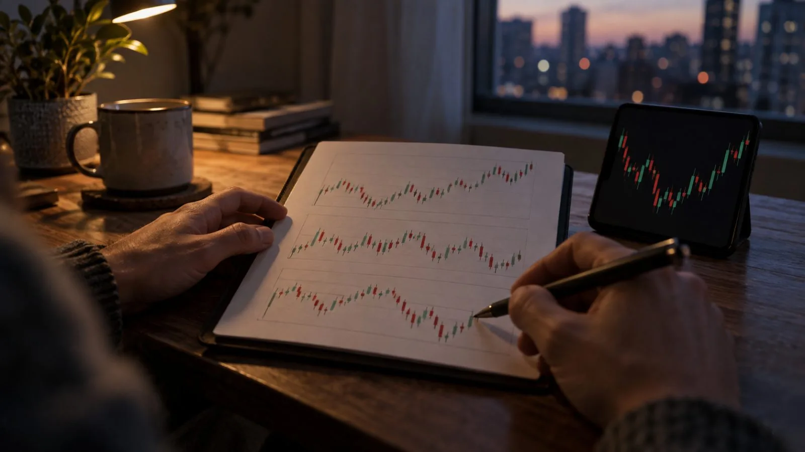 Anonymous hands review multiple cryptocurrency positions at night / TokenPost.ai
