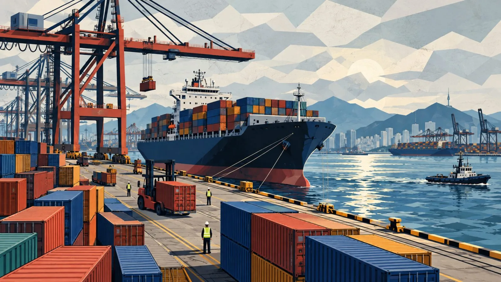 Container ship beside stacked cargo containers at dawn / TokenPost.ai