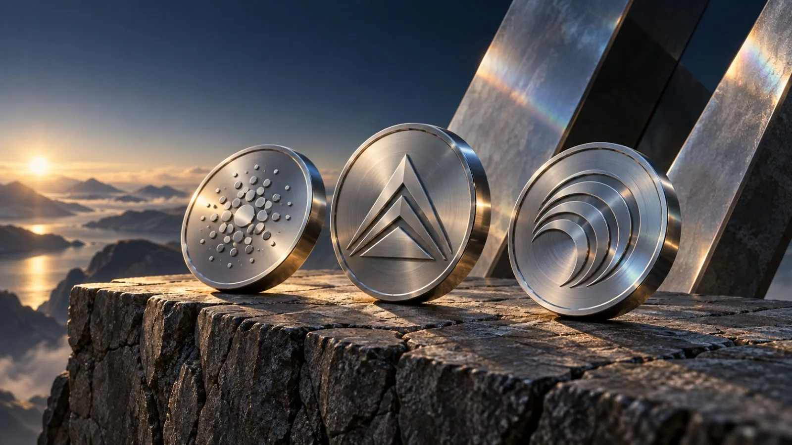 Three metallic discs rest along a cracked stone ledge / TokenPost.ai