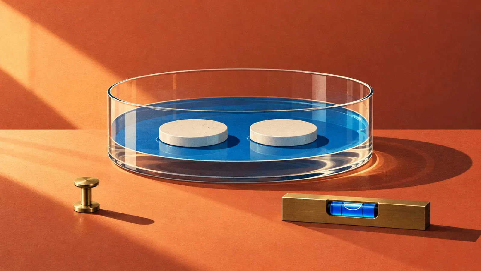 Ceramic note discs sit beside a balanced brass scale / TokenPost.ai