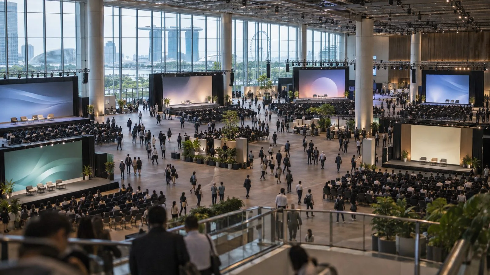 Attendees move between brightly lit stages in a convention hall / TokenPost.ai