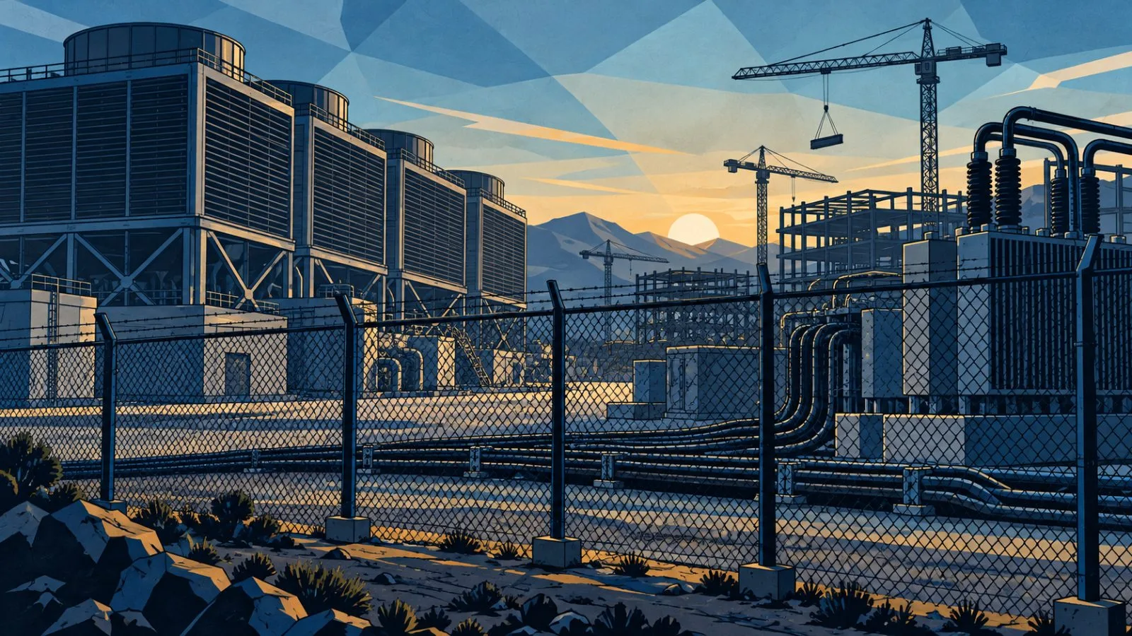 Cooling units line a fenced construction site at dawn / TokenPost.ai