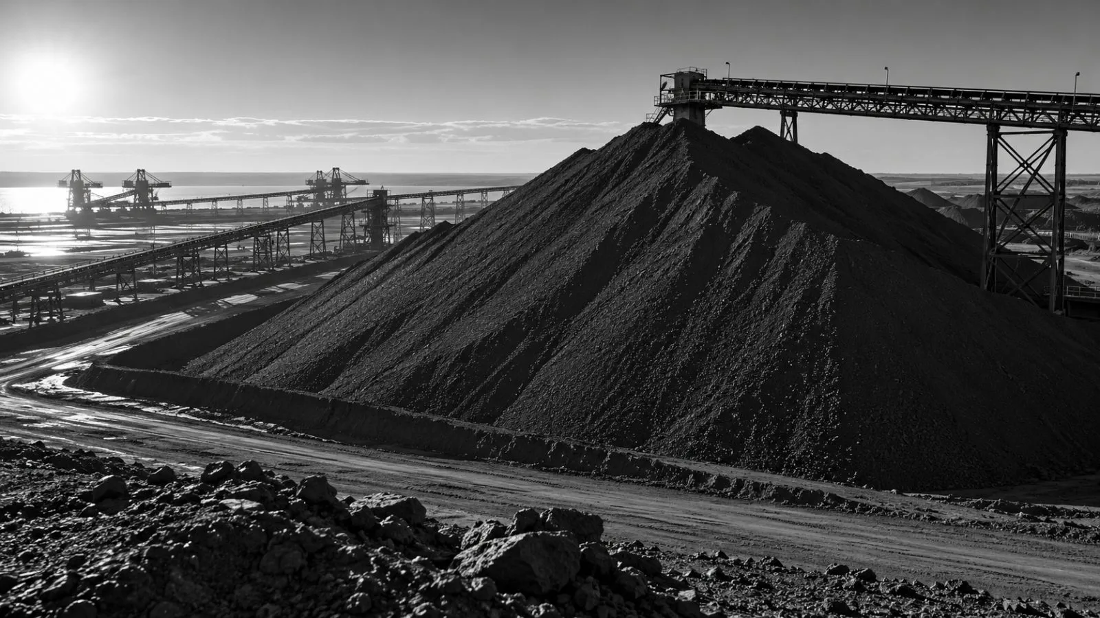 Port Hedland ore stockpiles and loading conveyors under morning light / TokenPost.ai