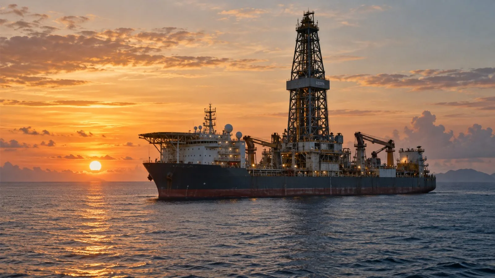 Ultra-deepwater drillship operating offshore beneath warm sunrise light / TokenPost.ai