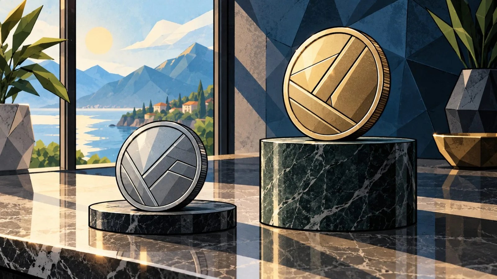 Two metal cryptocurrency tokens positioned at different heights / TokenPost.ai