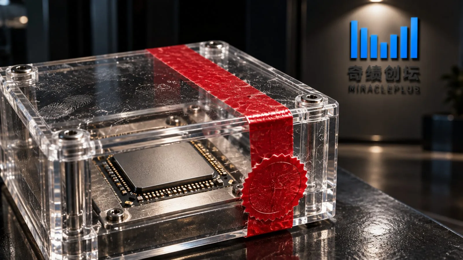 An unmarked AI chip sits inside a sealed acrylic box. / TokenPost.ai