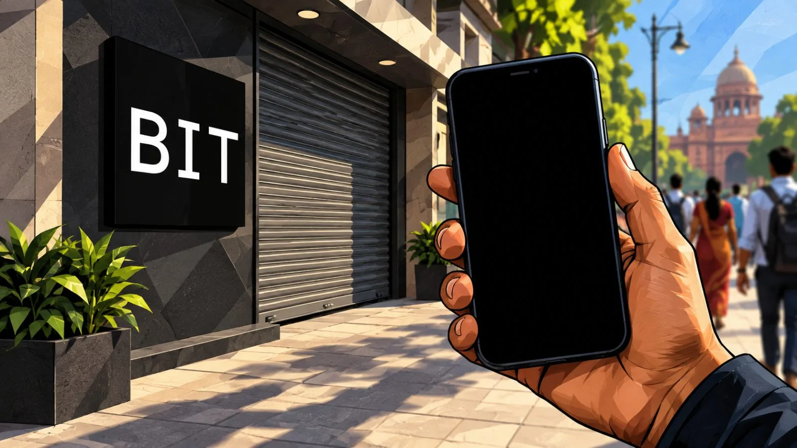 A hand holds a dark smartphone outside a city storefront / TokenPost.ai