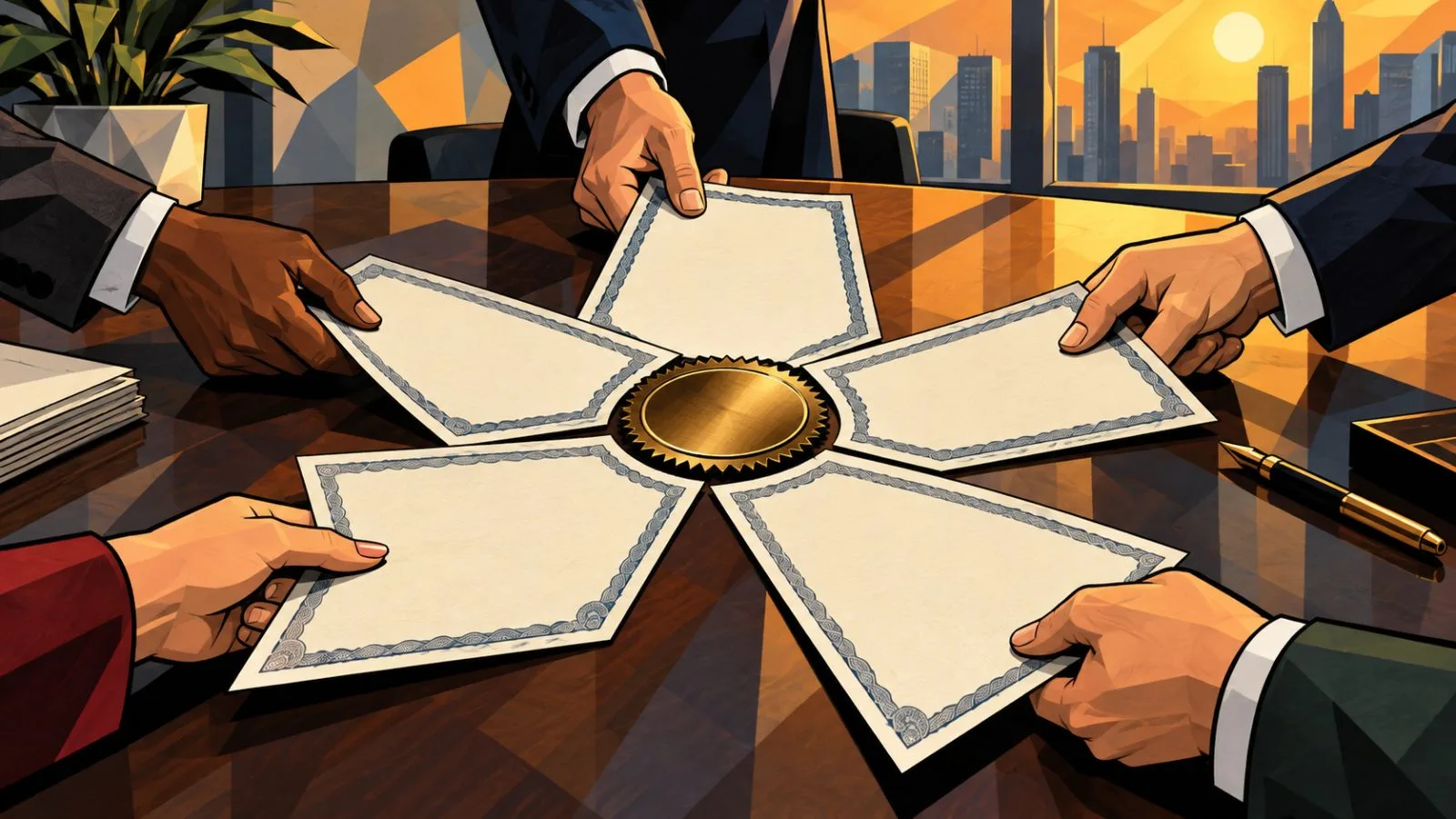 Blank certificates gathered beside a polished circular seal / TokenPost.ai