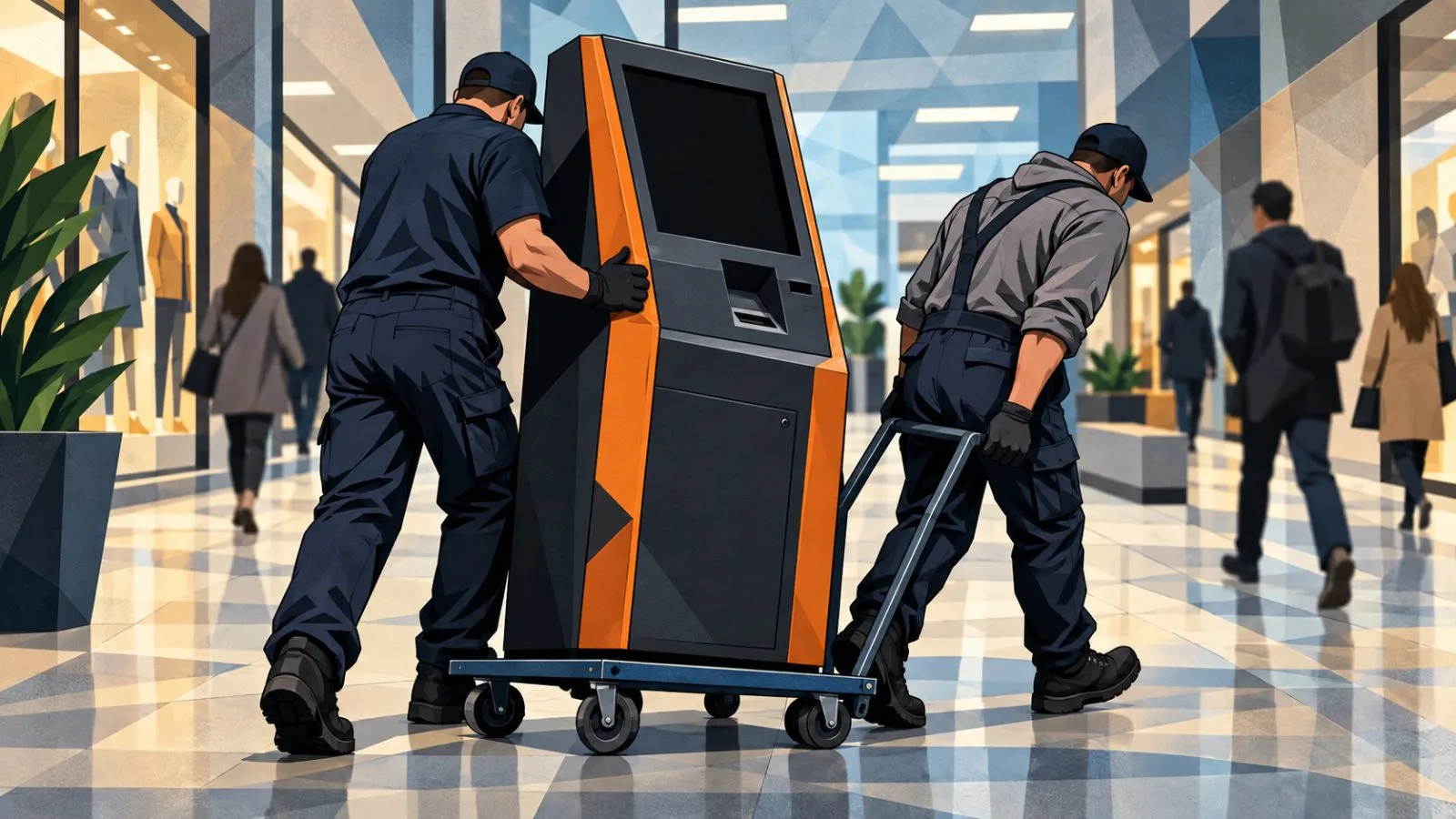 Workers remove a cryptocurrency kiosk from a public corridor / TokenPost.ai
