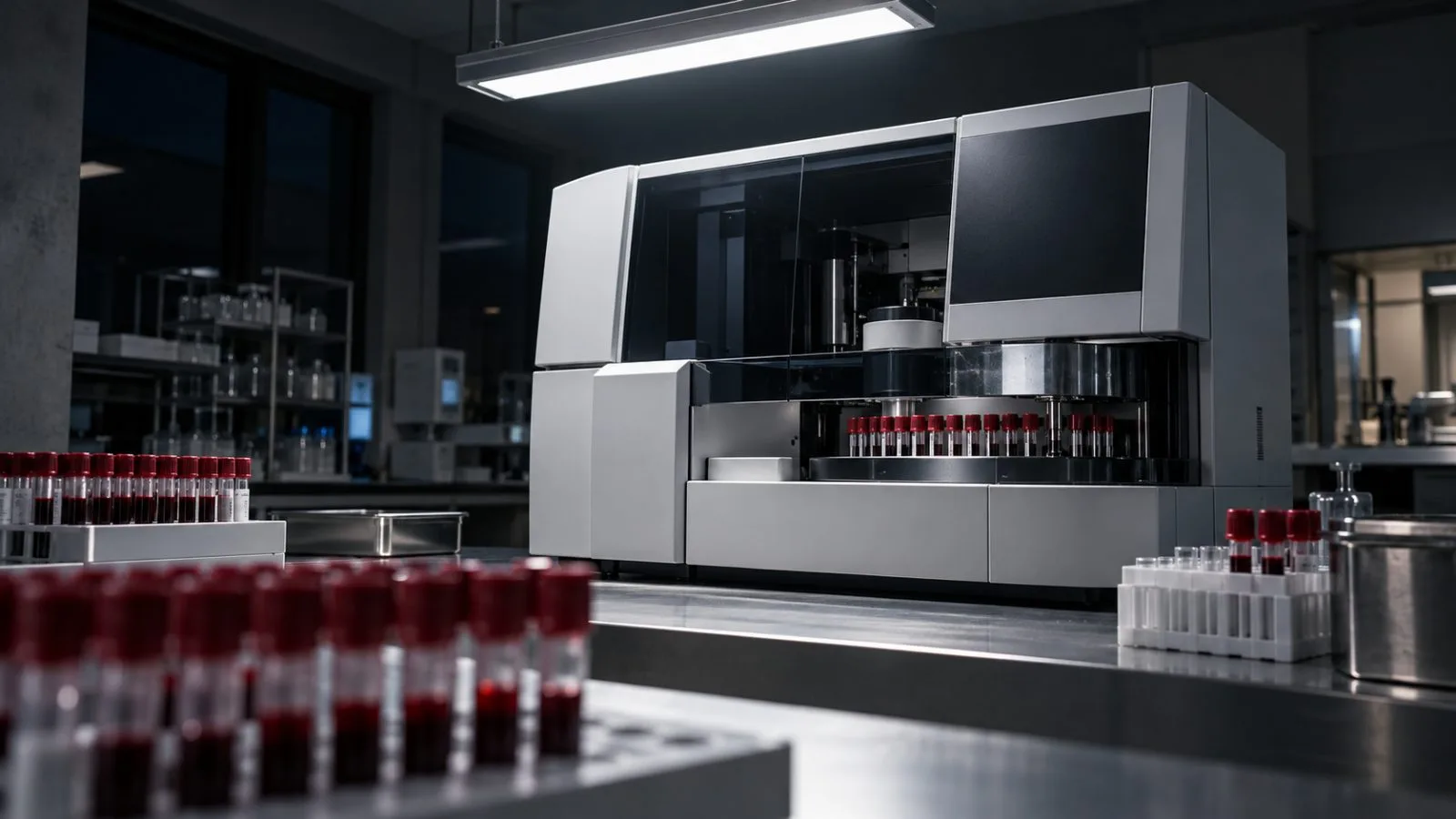 Sample tubes stand beside a diagnostic analyzer under fluorescent light. / TokenPost.ai