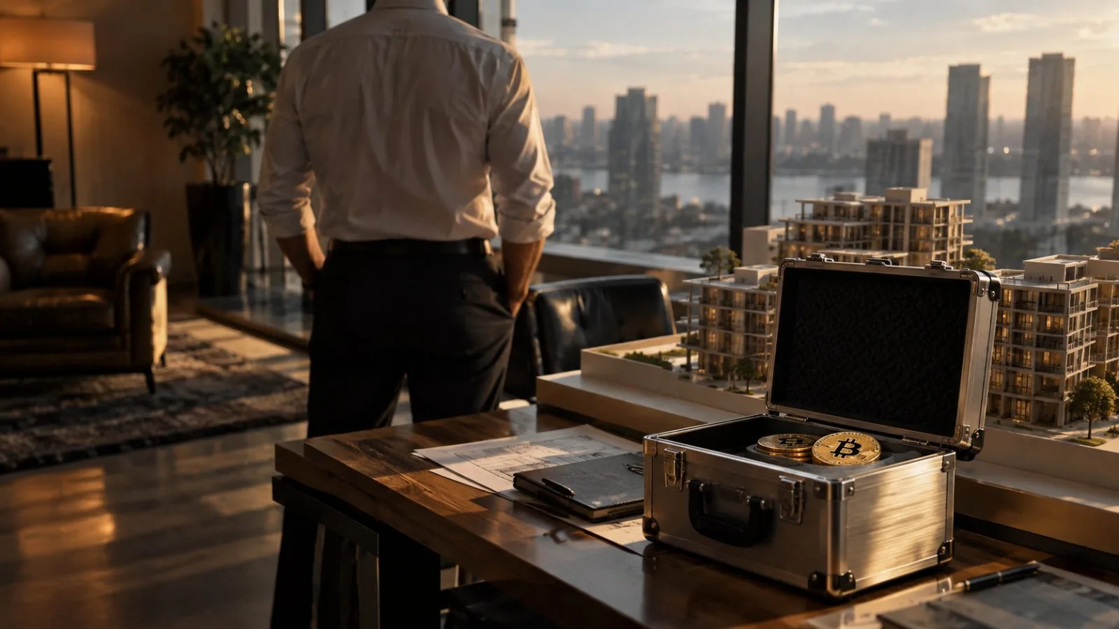 Executive overlooks property models beside a secured metal storage case / TokenPost.ai