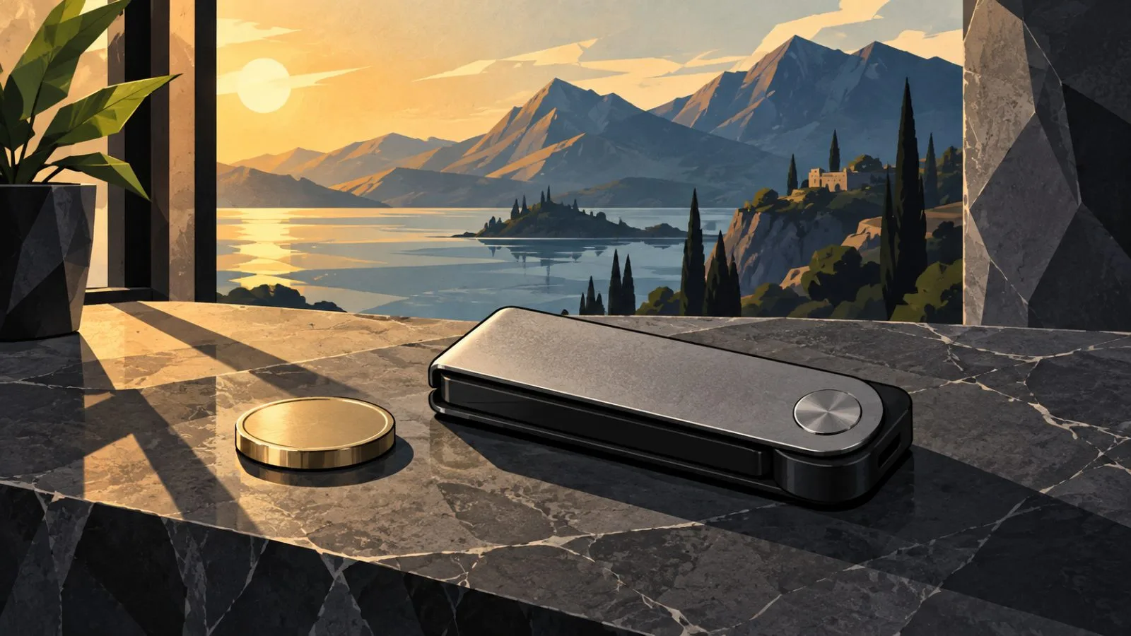 Smartphone and network sculpture beside a dark stone pedestal / TokenPost.ai