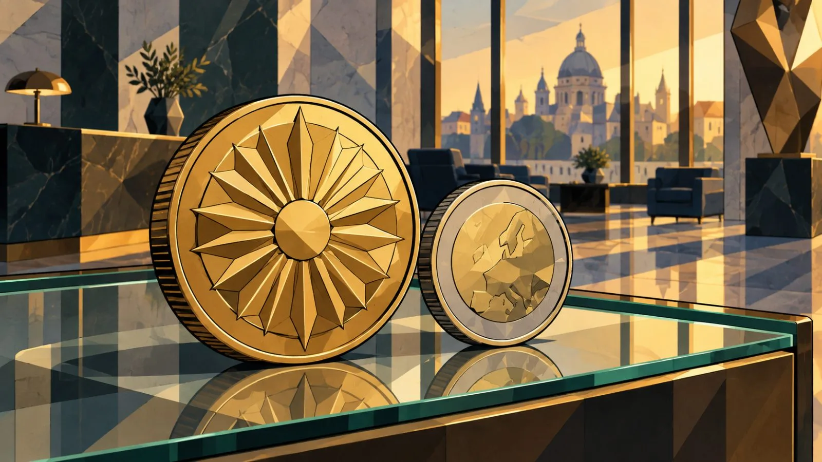 Brushed metal certificate beside a euro-toned coin on stone / TokenPost.ai