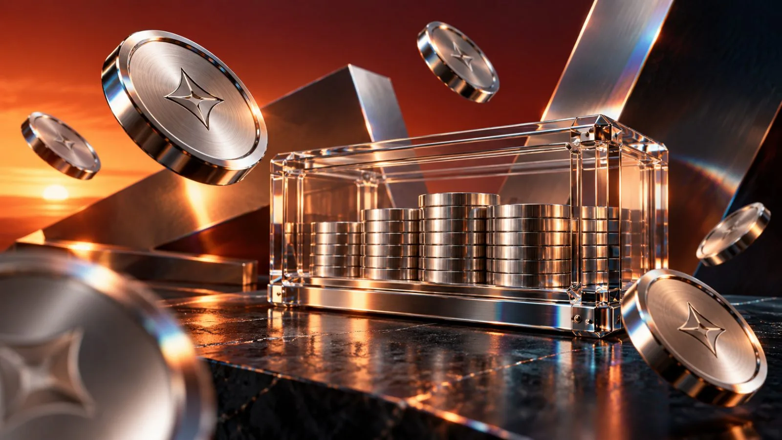 Unmarked silver tokens arranged inside a clear institutional trust case / TokenPost.ai