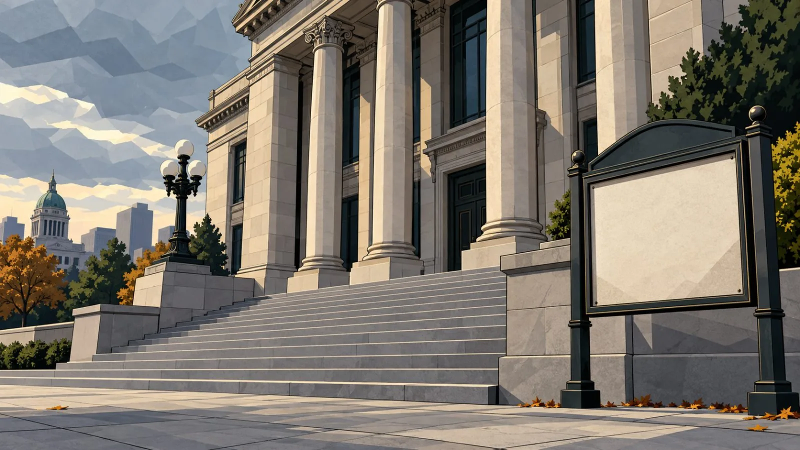 Empty courthouse steps beneath soft afternoon light / TokenPost.ai