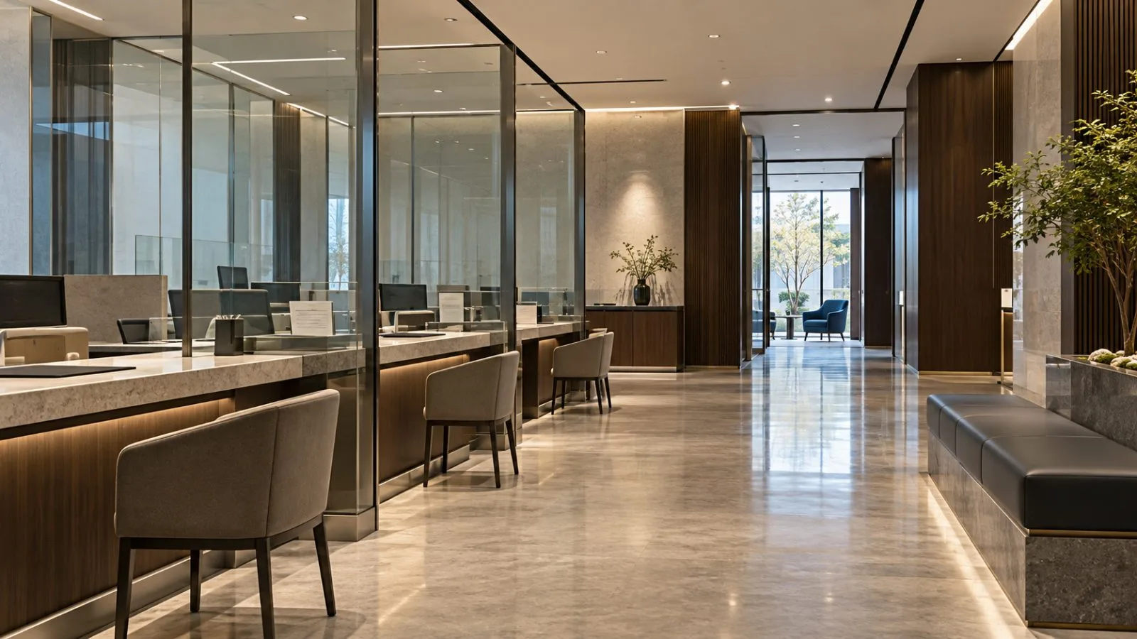 Three glass partitions frame an empty bank branch interior. / TokenPost.ai
