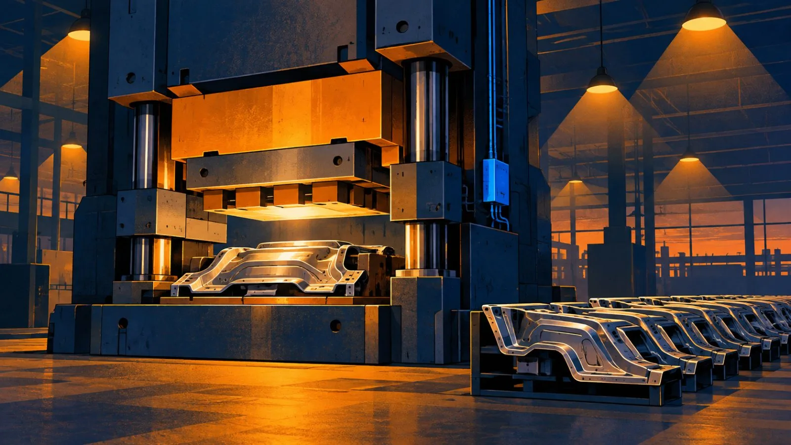 A factory press stamps steel components under warm overhead lights / TokenPost.ai