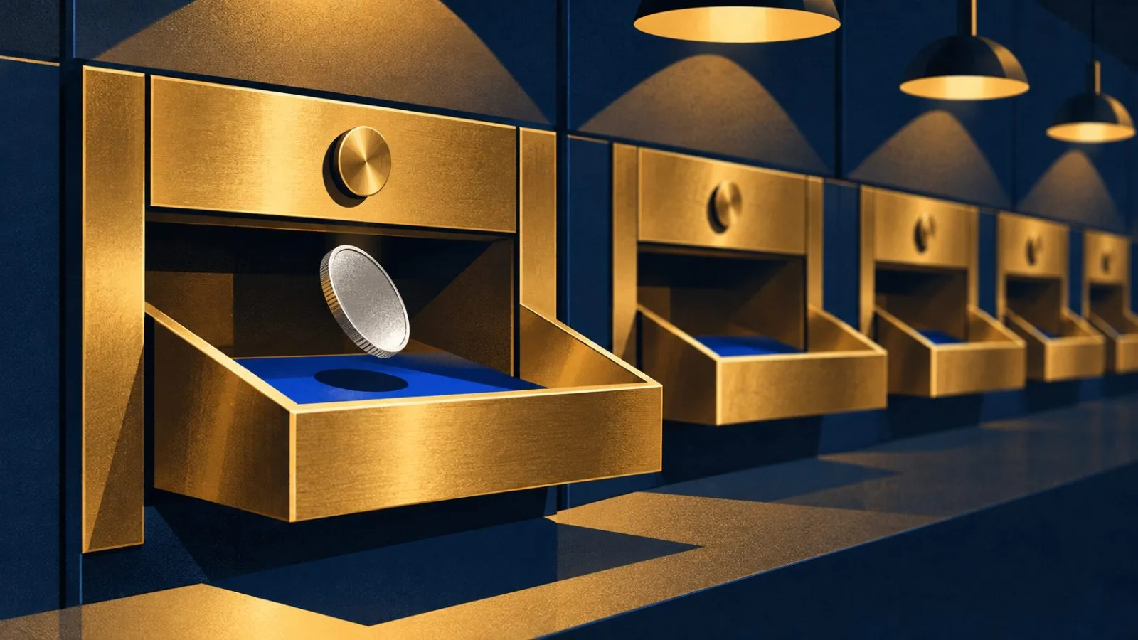 A silver coin slides into a brass teller drawer / TokenPost.ai