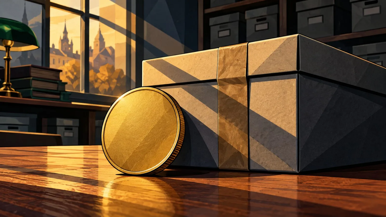 Unmarked brass coin beside a sealed archival storage box / TokenPost.ai