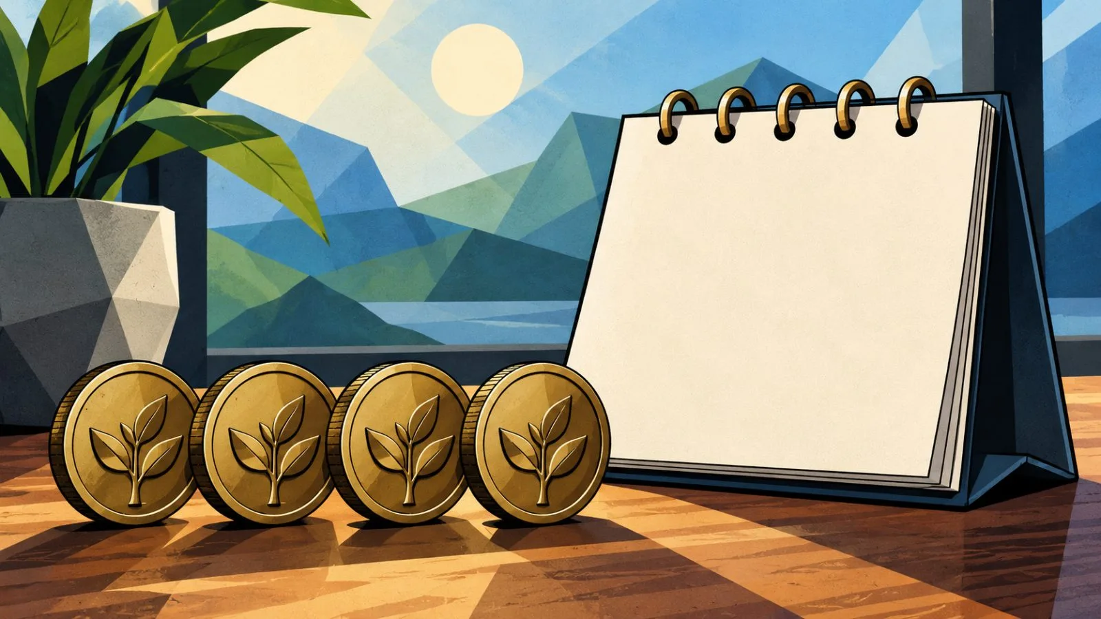 Brass tokens arranged beside a blank calendar block / TokenPost.ai