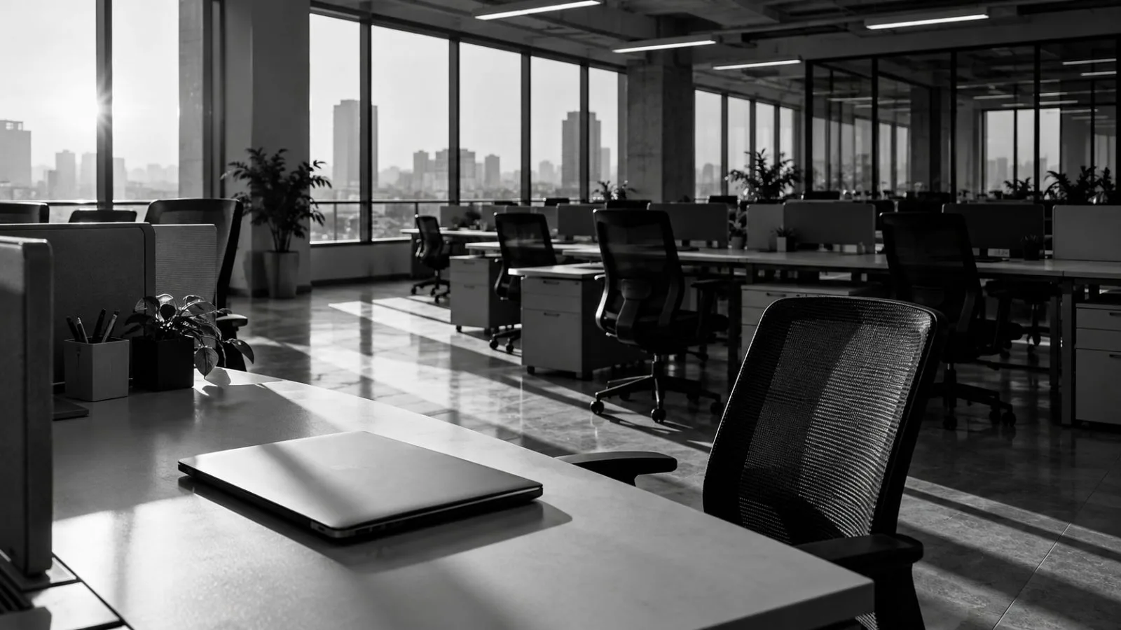 A closed laptop rests on a vacant workstation in a quiet office / TokenPost.ai
