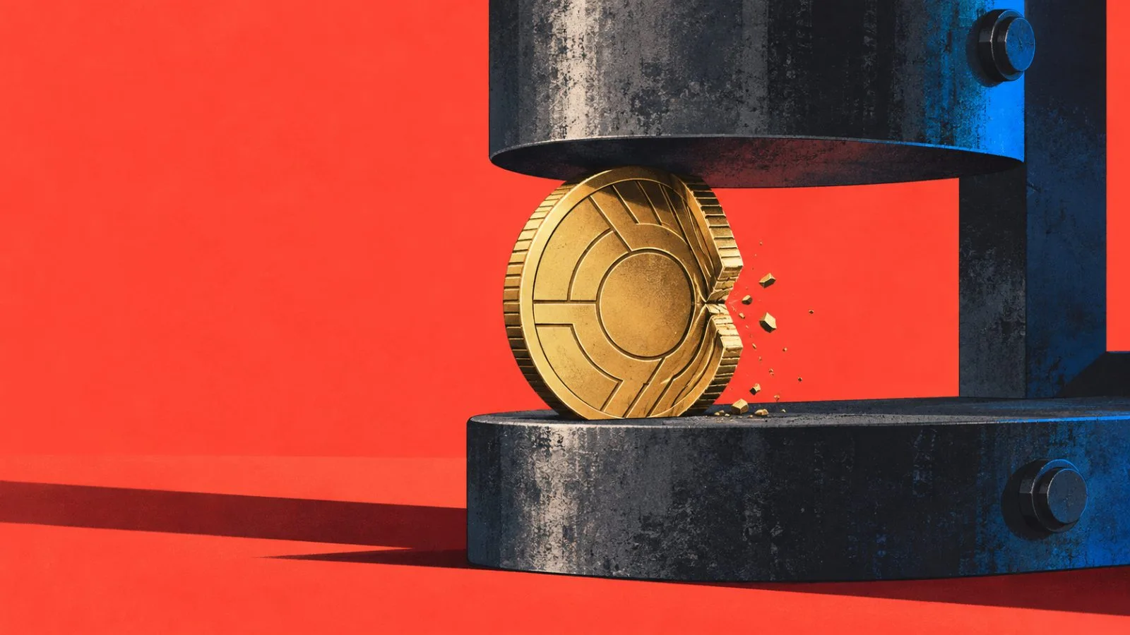 A brass token lies beneath the jaws of a heavy steel press / TokenPost.ai