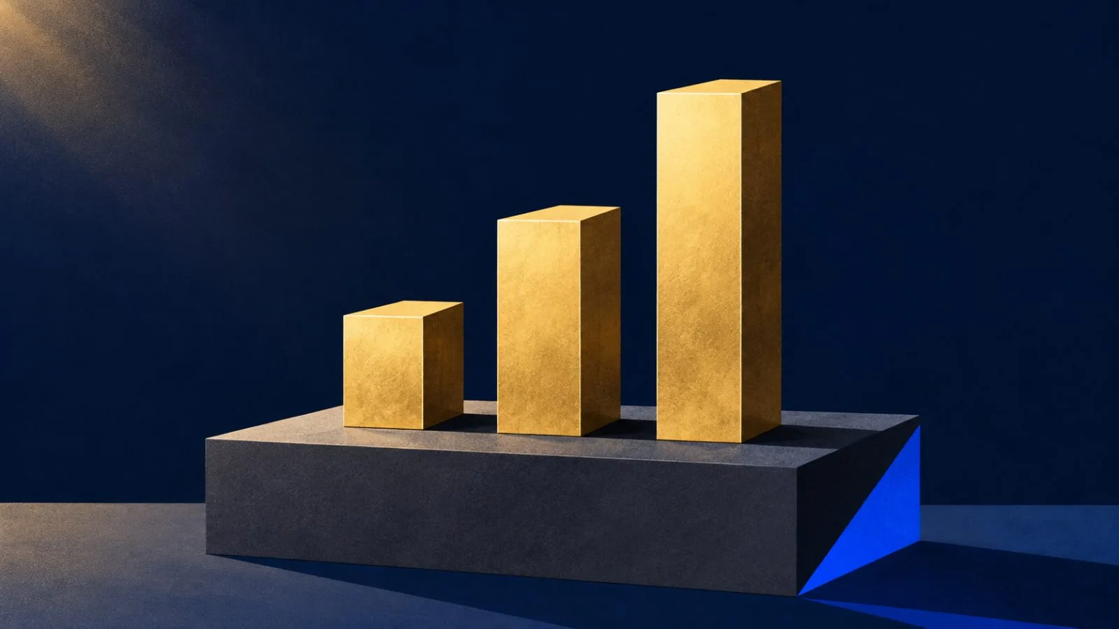Three ascending brass bars stand across a charcoal plinth / TokenPost.ai