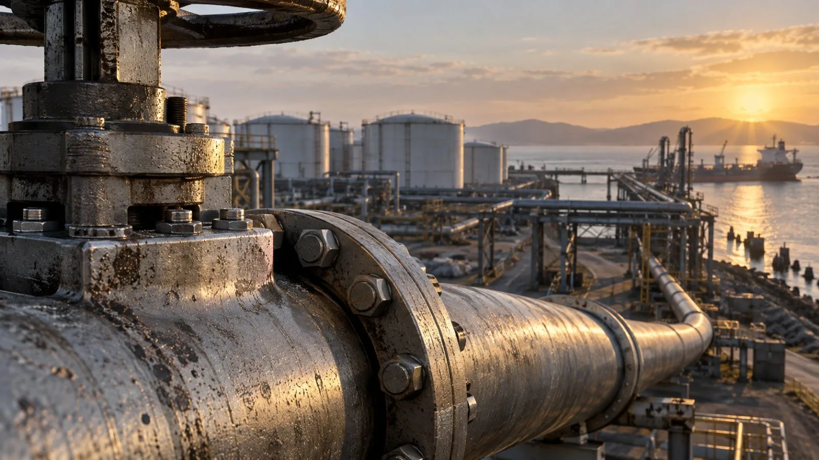 Oil storage tanks and pipelines at an industrial coastal terminal / TokenPost.ai