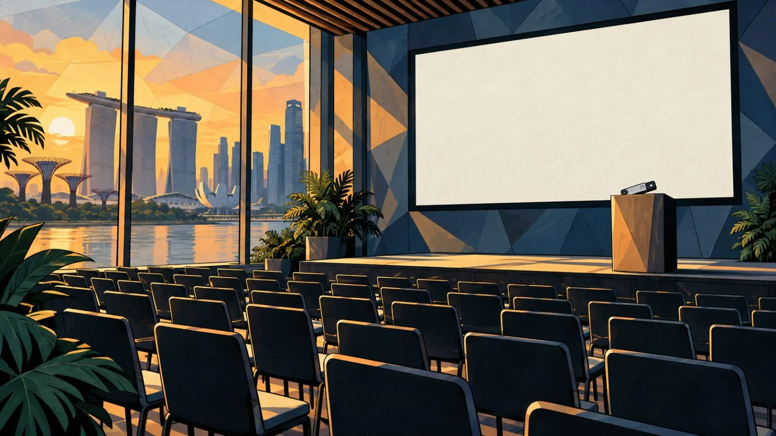 Empty conference chairs facing a blank screen in Singapore / TokenPost.ai