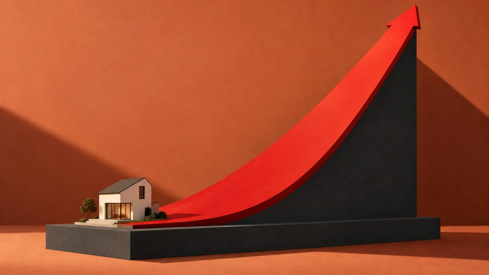 A miniature home sits beside a sharply rising red ramp / TokenPost.ai
